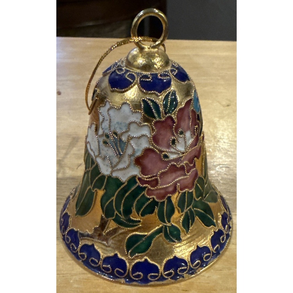 Cloisonne Colorful‎ Floral Bell Christmas Ornament Enamel Metal Gold Intricate
